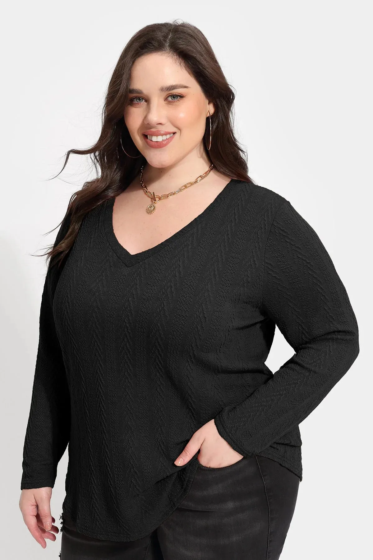 Solid V-neck Loose Long Sleeve Basic Shirt