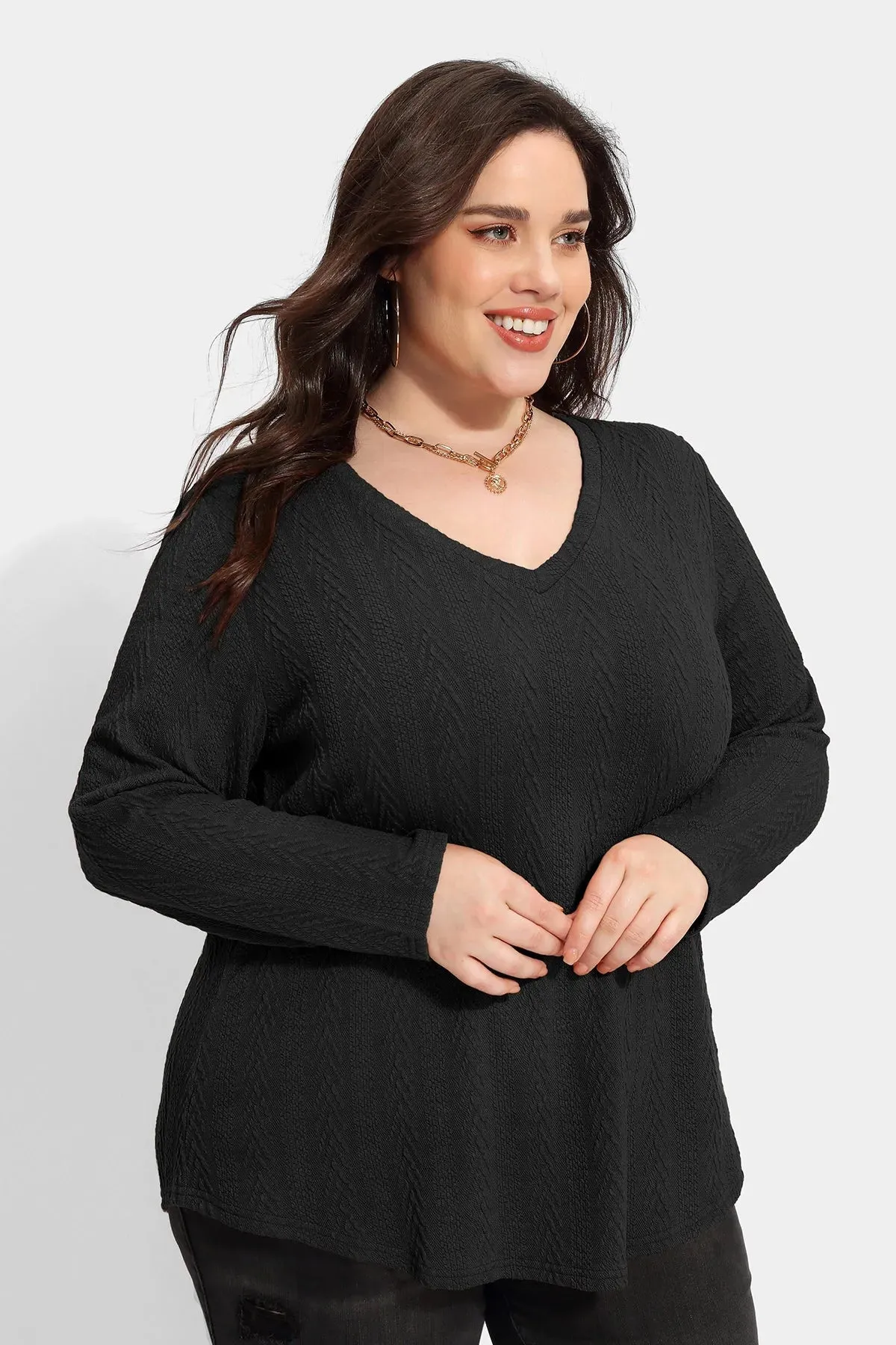 Solid V-neck Loose Long Sleeve Basic Shirt