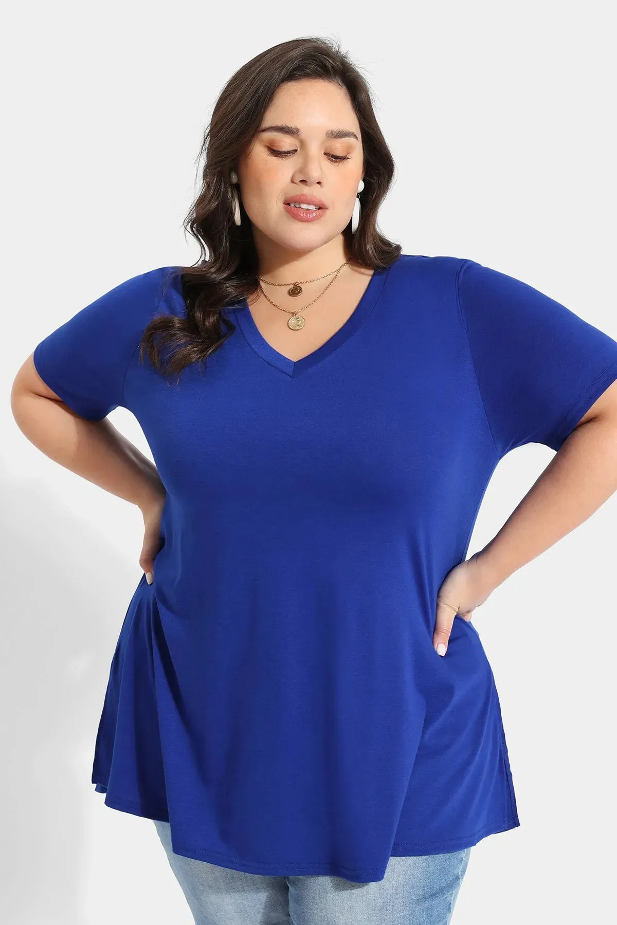 Solid V-neck Short Sleeve Tunic T-Shirt