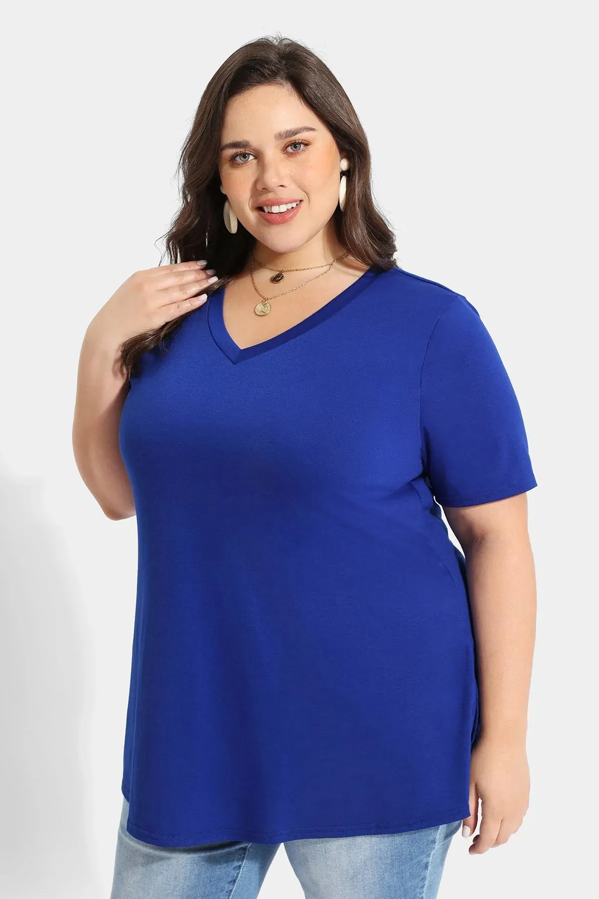 Solid V-neck Short Sleeve Tunic T-Shirt