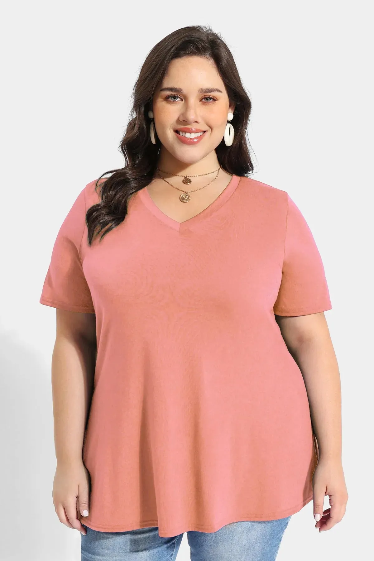 Solid V-neck Short Sleeve Tunic T-Shirt