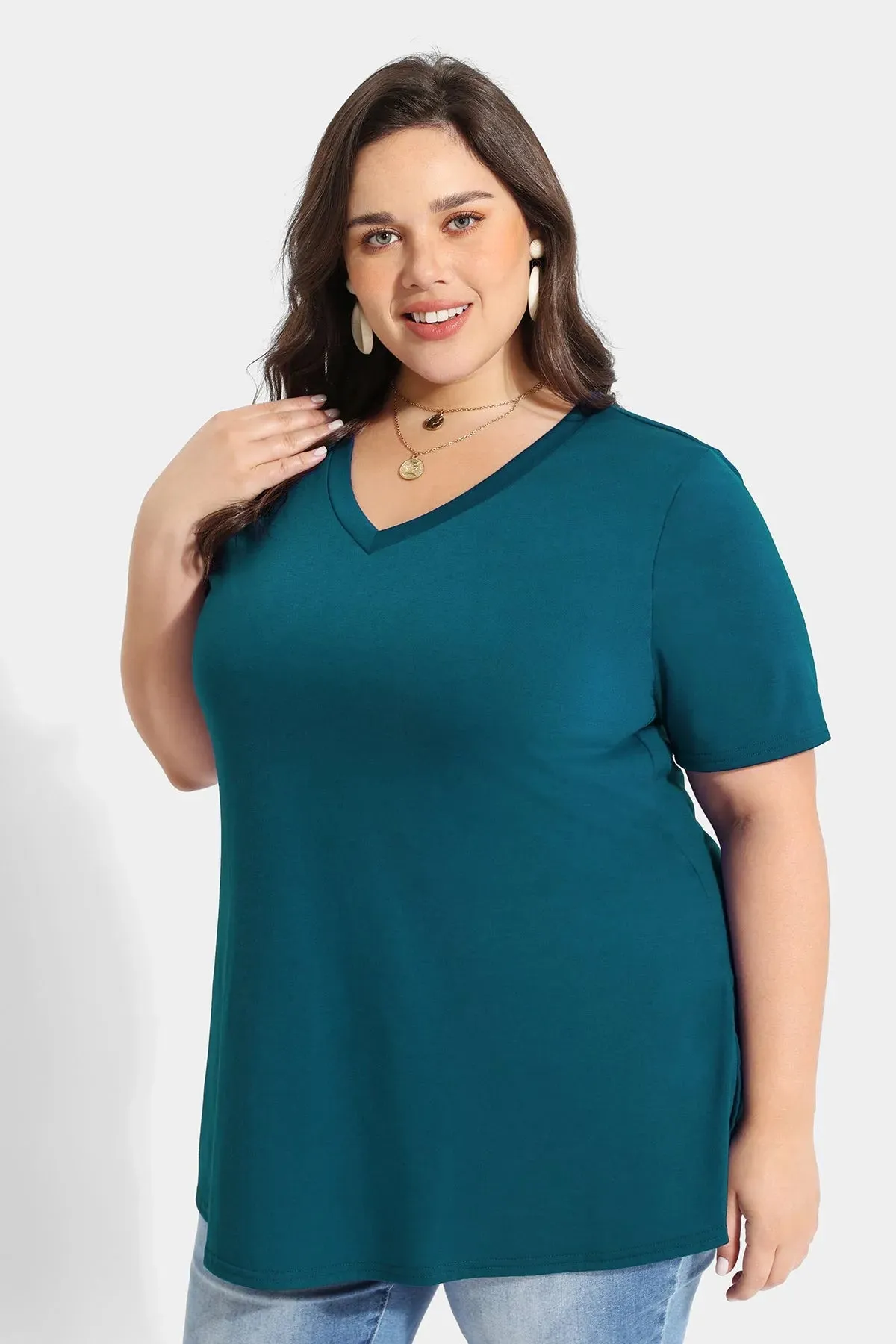 Solid V-neck Short Sleeve Tunic T-Shirt