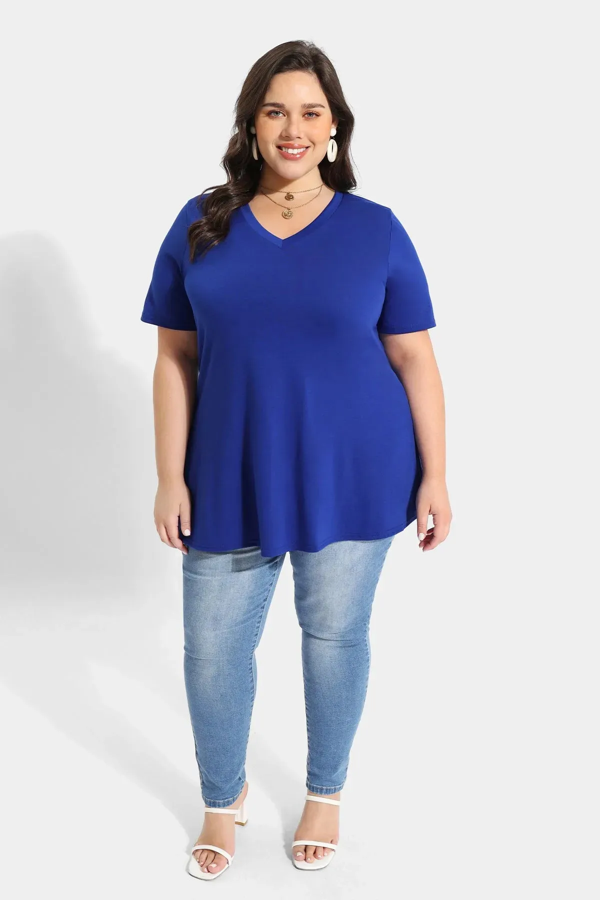 Solid V-neck Short Sleeve Tunic T-Shirt