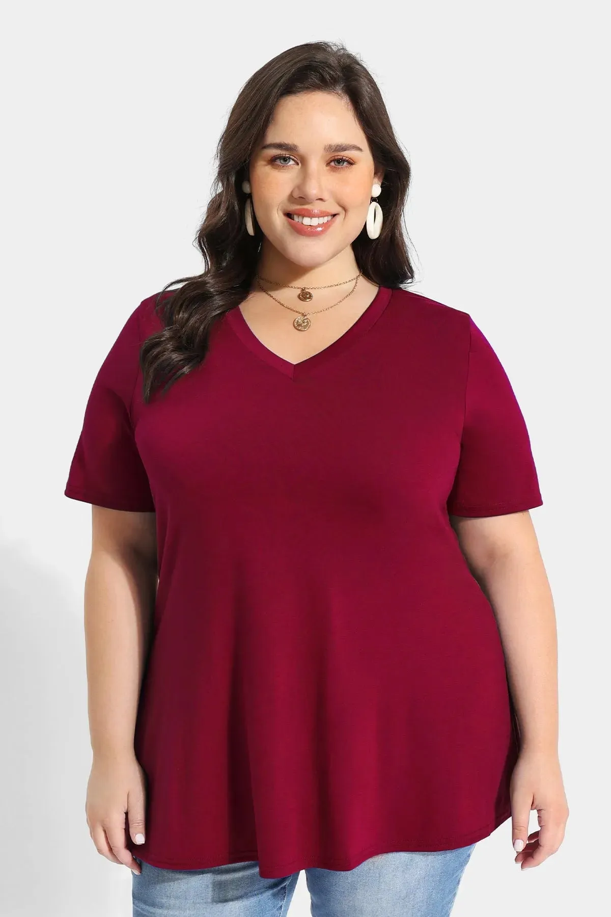 Solid V-neck Short Sleeve Tunic T-Shirt