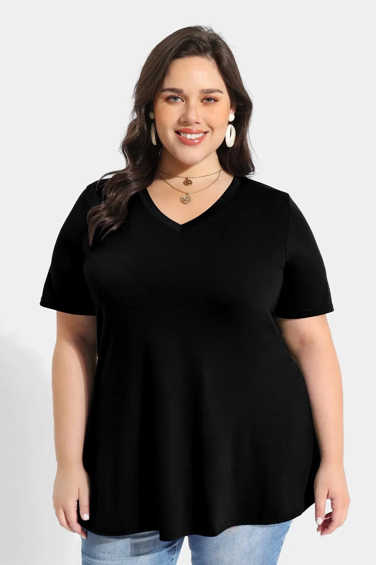 Solid V-neck Short Sleeve Tunic T-Shirt
