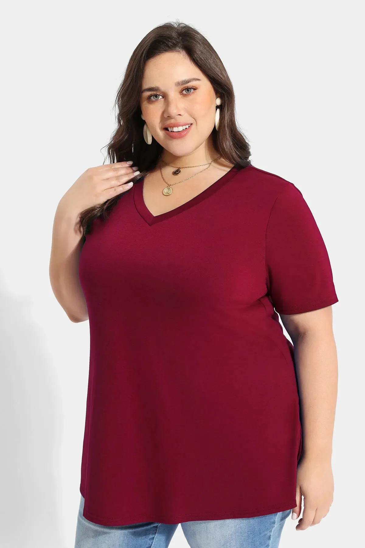 Solid V-neck Short Sleeve Tunic T-Shirt