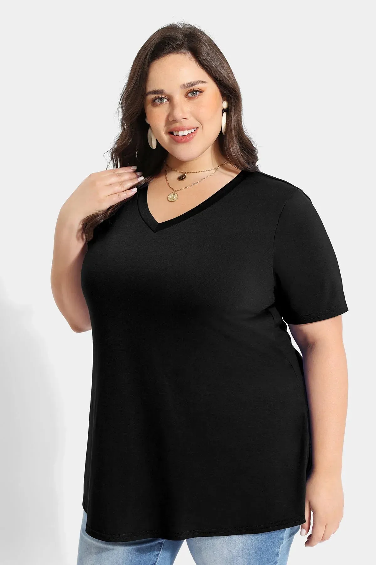 Solid V-neck Short Sleeve Tunic T-Shirt