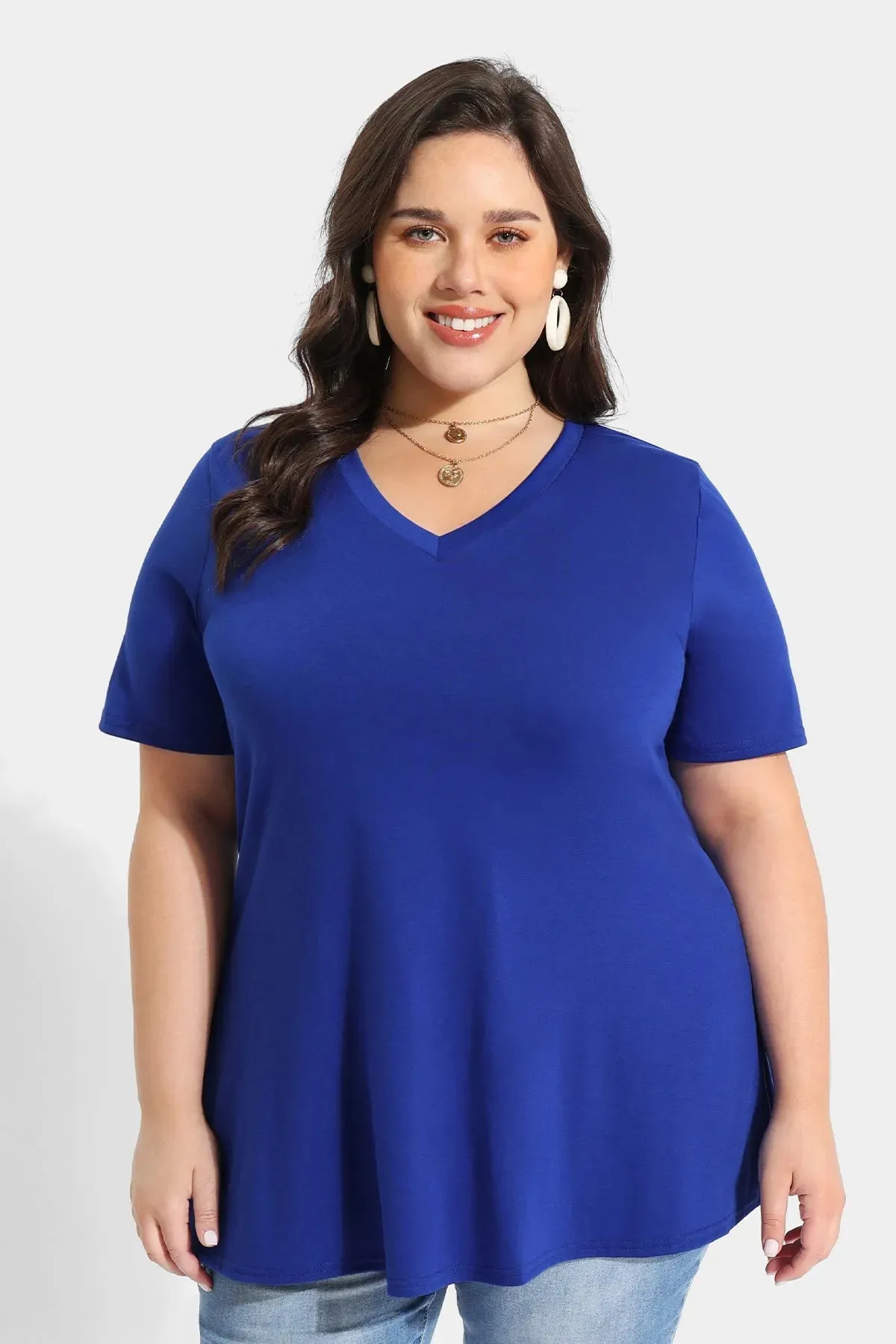 Solid V-neck Short Sleeve Tunic T-Shirt
