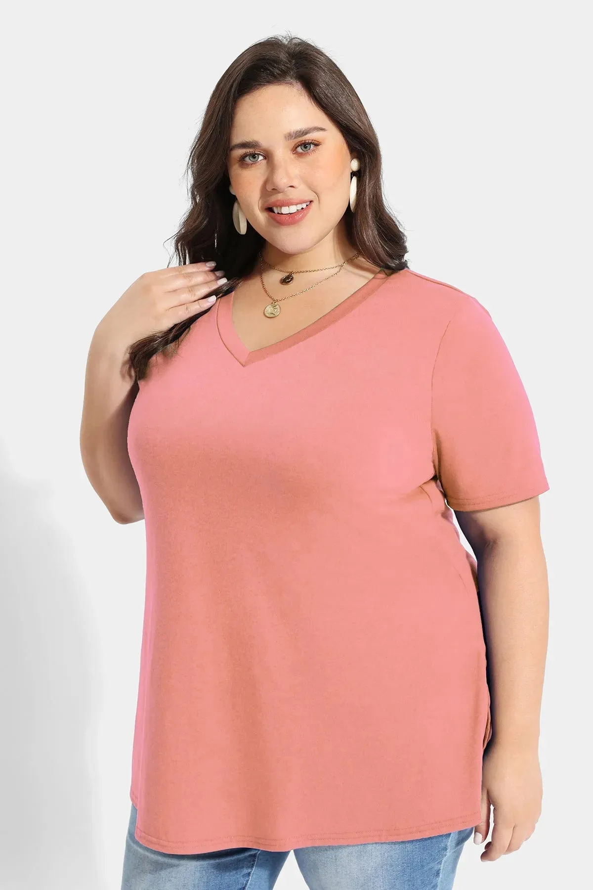 Solid V-neck Short Sleeve Tunic T-Shirt