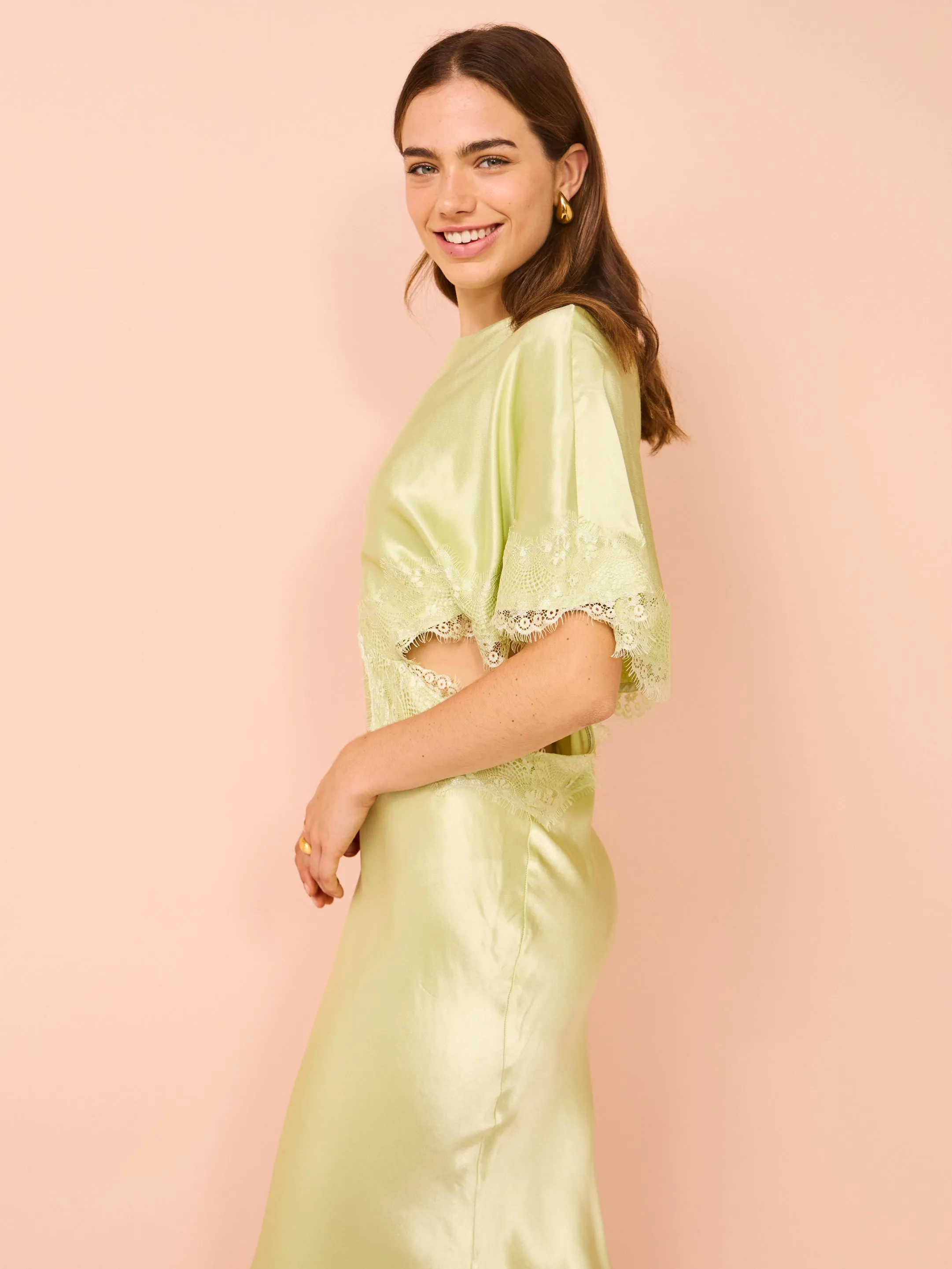 Suboo Nicky Asymmetric Sleeve Maxi Dress in Celery Green