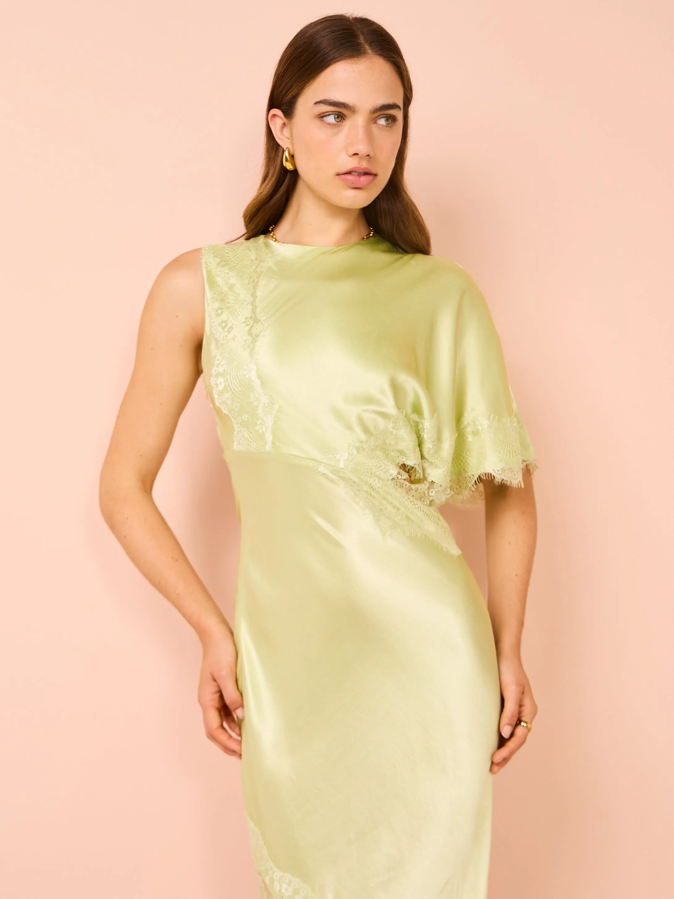 Suboo Nicky Asymmetric Sleeve Maxi Dress in Celery Green