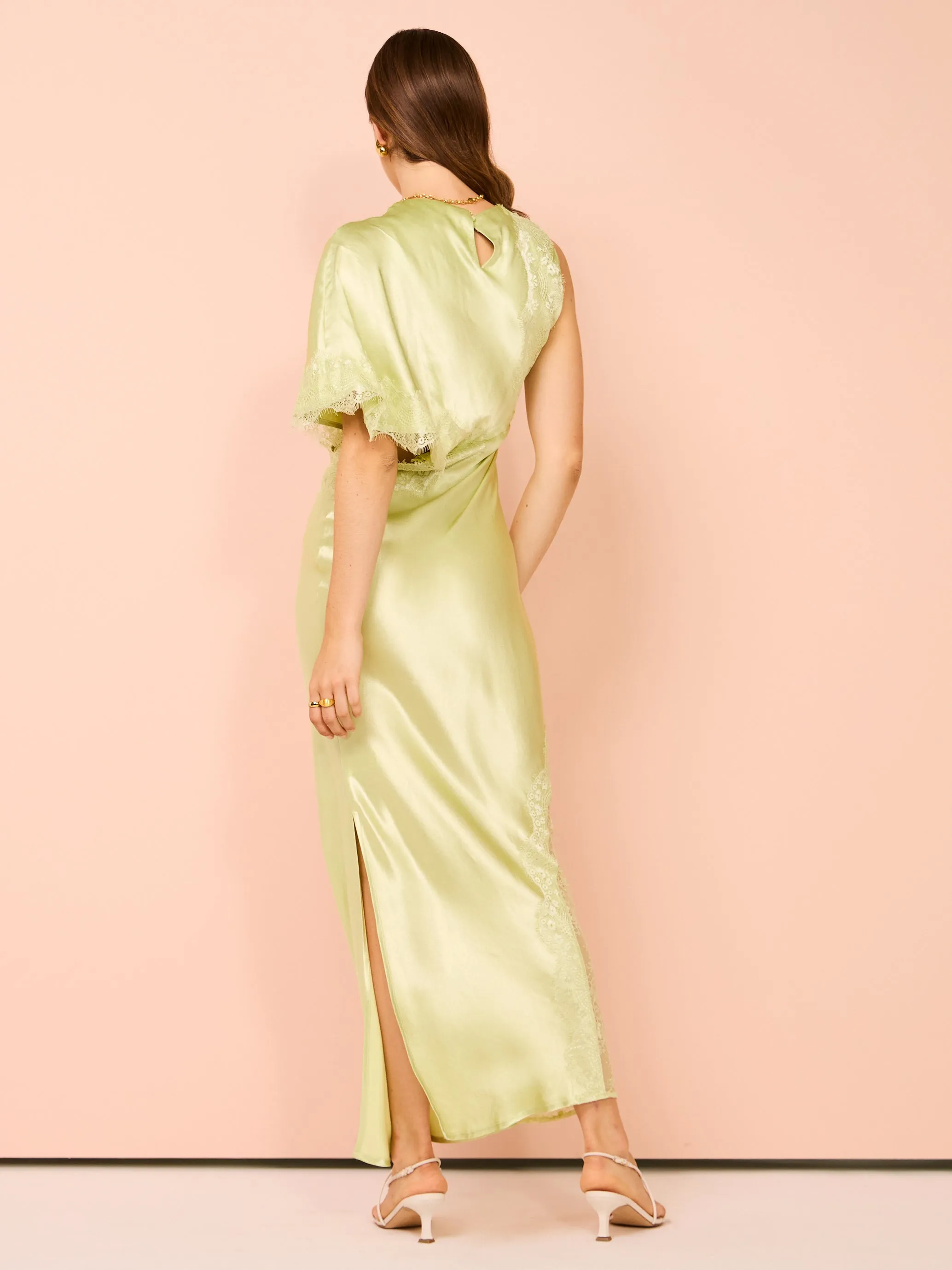 Suboo Nicky Asymmetric Sleeve Maxi Dress in Celery Green