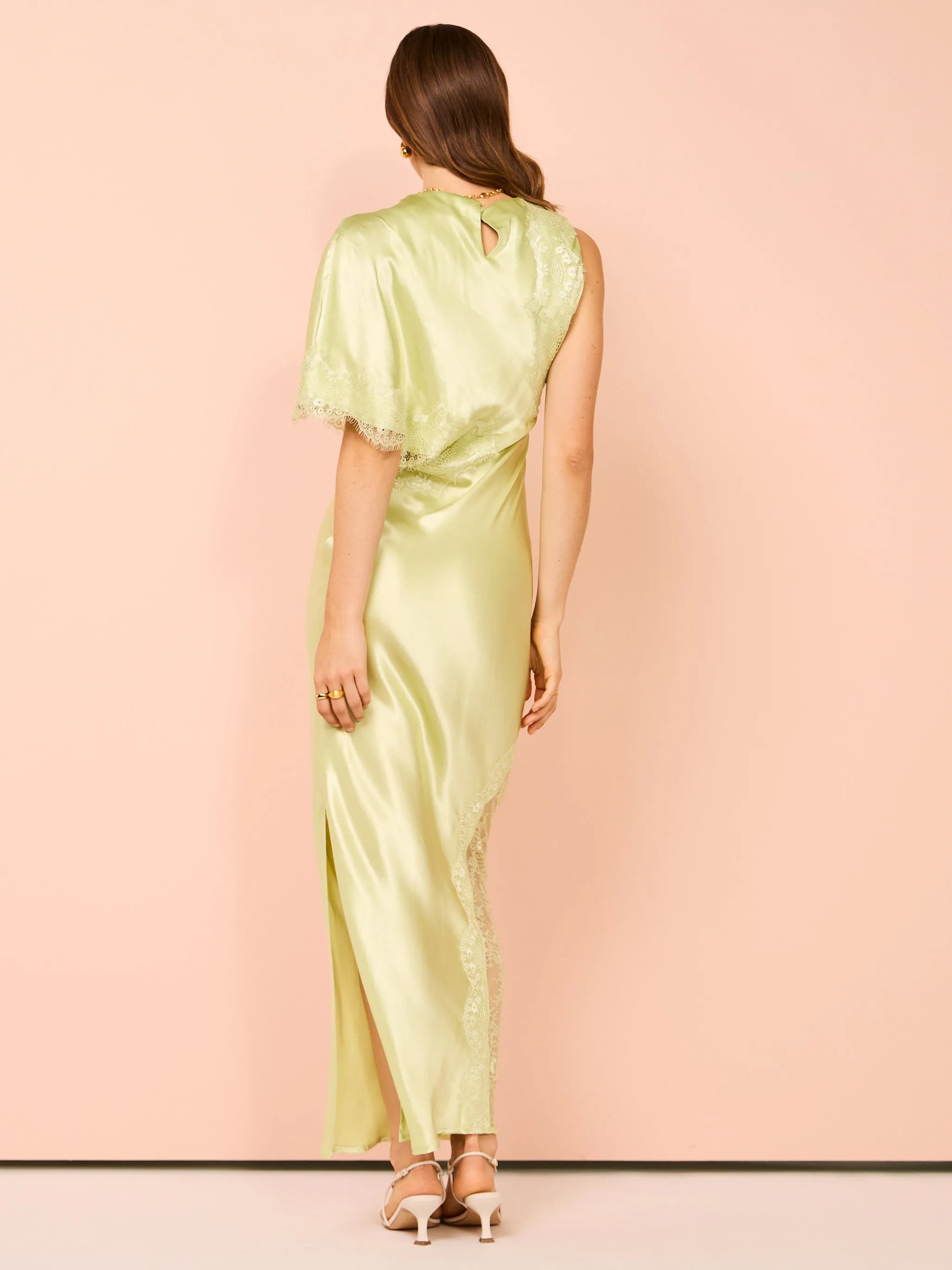 Suboo Nicky Asymmetric Sleeve Maxi Dress in Celery Green