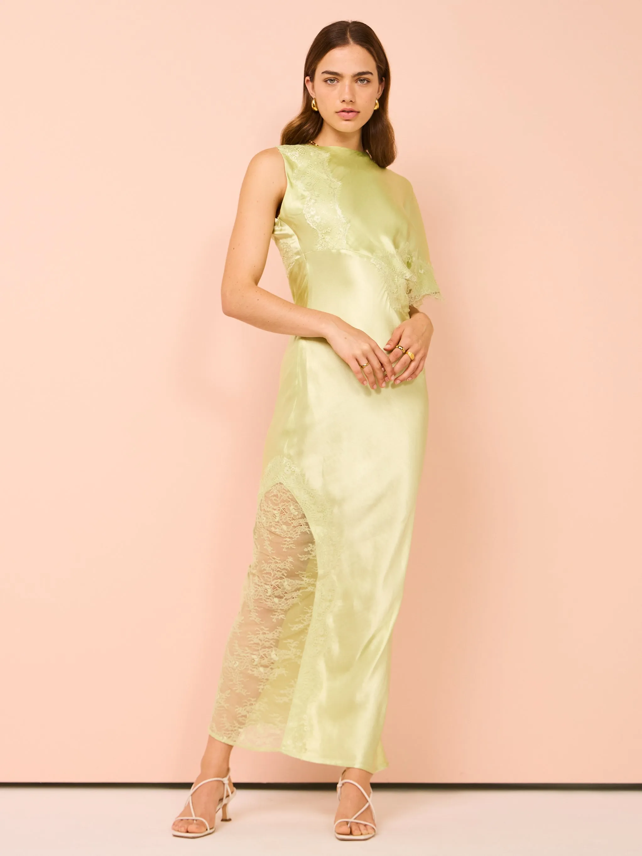 Suboo Nicky Asymmetric Sleeve Maxi Dress in Celery Green