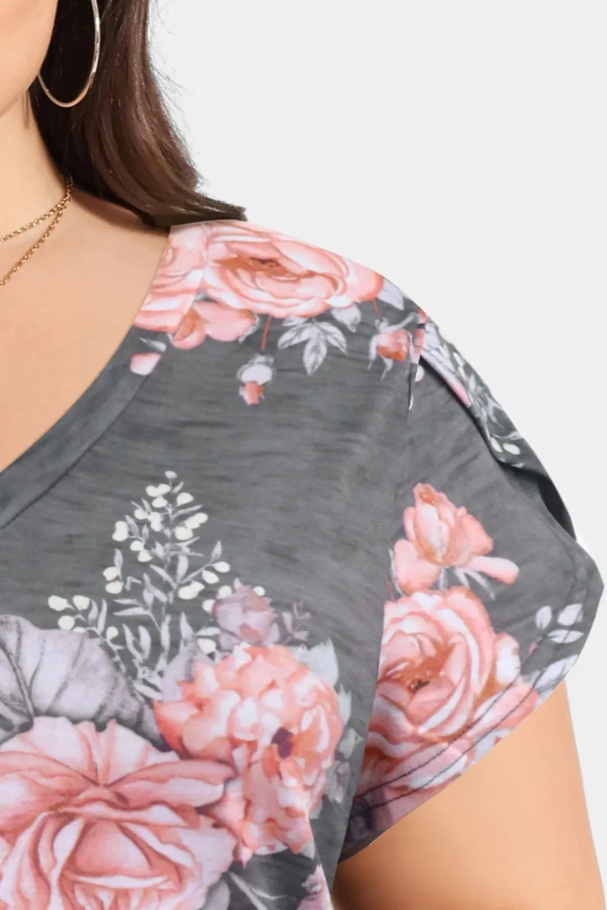 Supersoft Floral Resort Outfit Pleated Sleeves Tunic T-Shirt