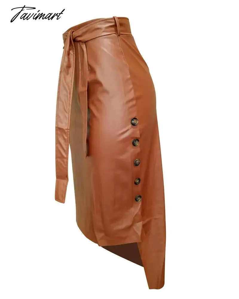 Tavimart Women Trendy PU Solid Color High Waist Lace-up Side Button Slim Skinny Pencil Pencil Skirt for Ladies Streetwear Leather Skirt