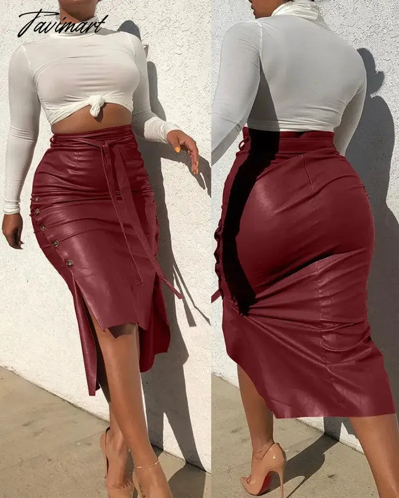 Tavimart Women Trendy PU Solid Color High Waist Lace-up Side Button Slim Skinny Pencil Pencil Skirt for Ladies Streetwear Leather Skirt