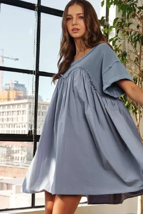 WASHED FABRIC MIX BABYDOLL DRESS DENIM BLUE (C60)