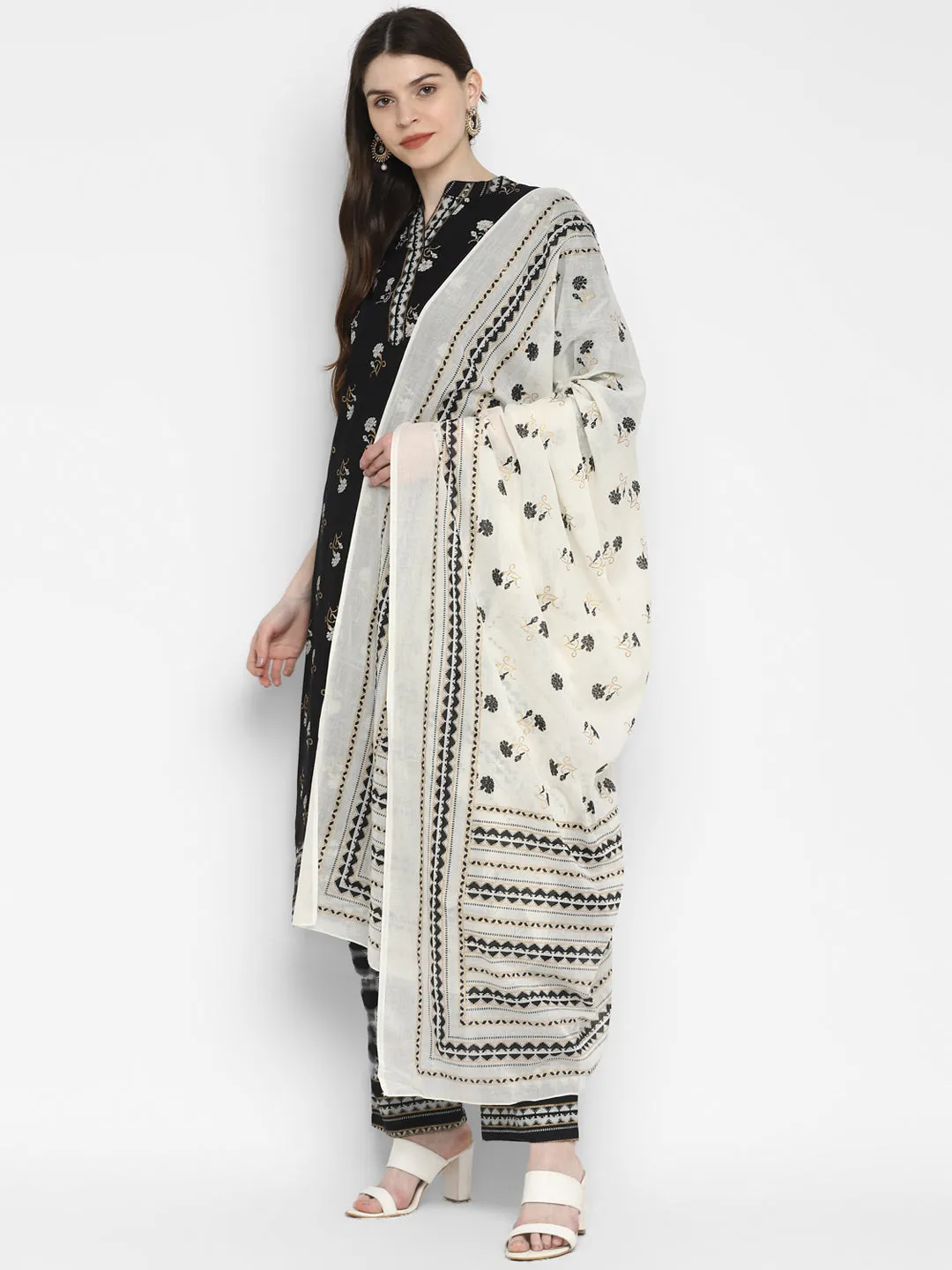 Women'S Black A-Line Kurta,Pant & Dupatta Set- (3Pcs Set)