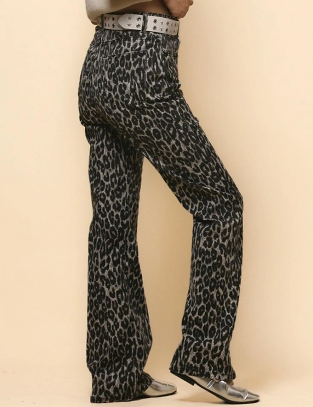 Women's High Waist Straight Narrow Denim Leopard Print Pants SKP4728