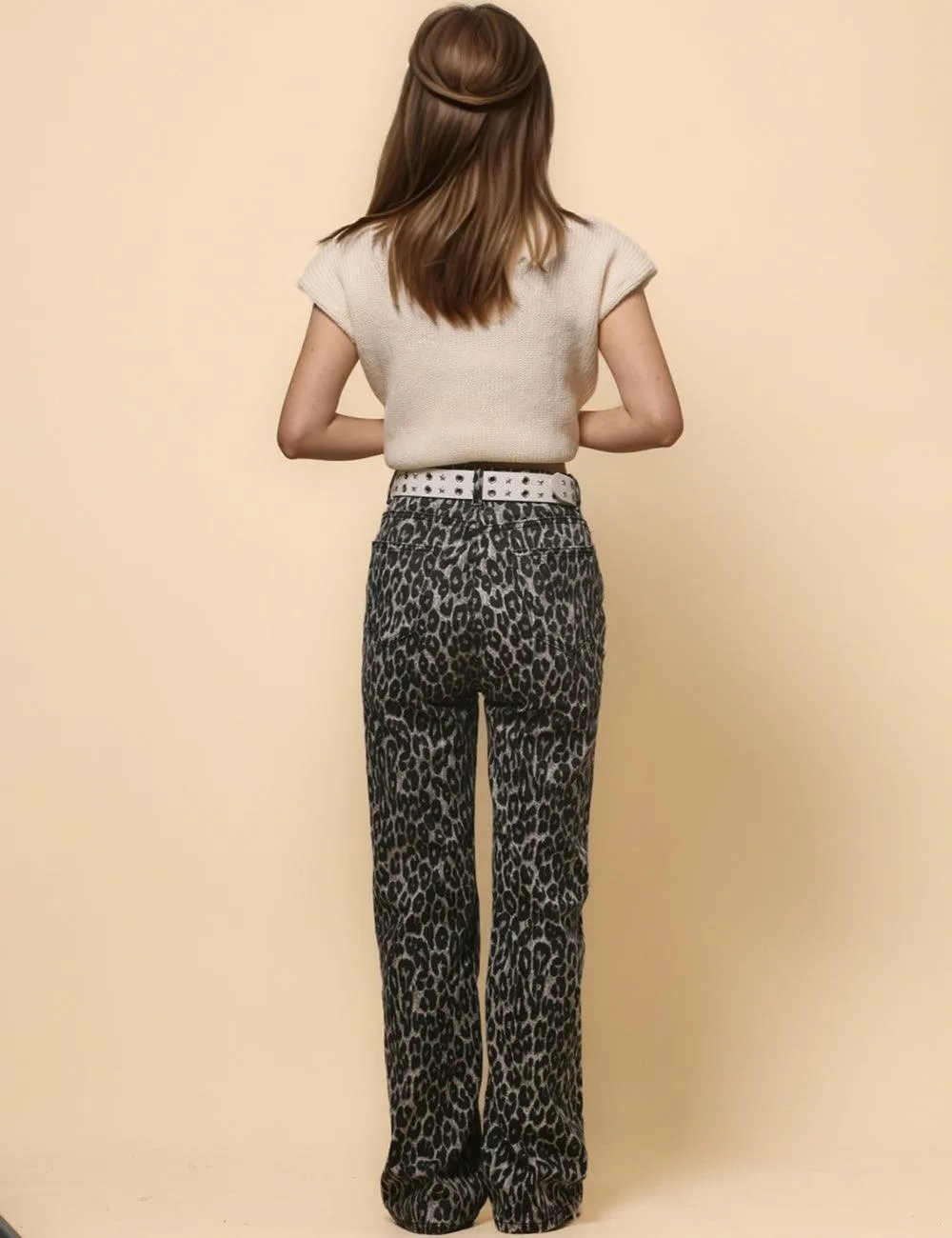 Women's High Waist Straight Narrow Denim Leopard Print Pants SKP4728