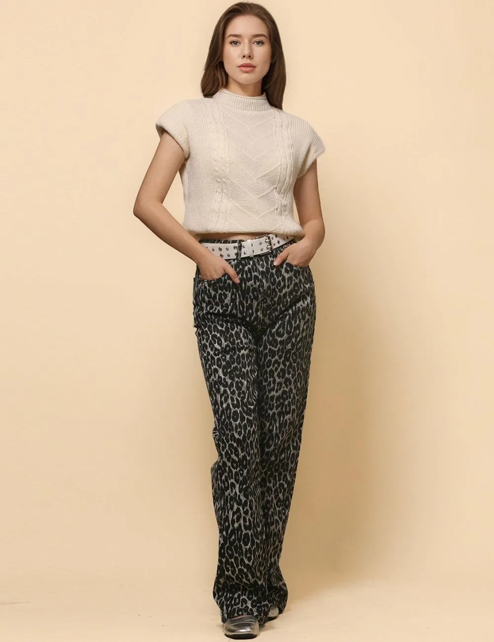 Women's High Waist Straight Narrow Denim Leopard Print Pants SKP4728