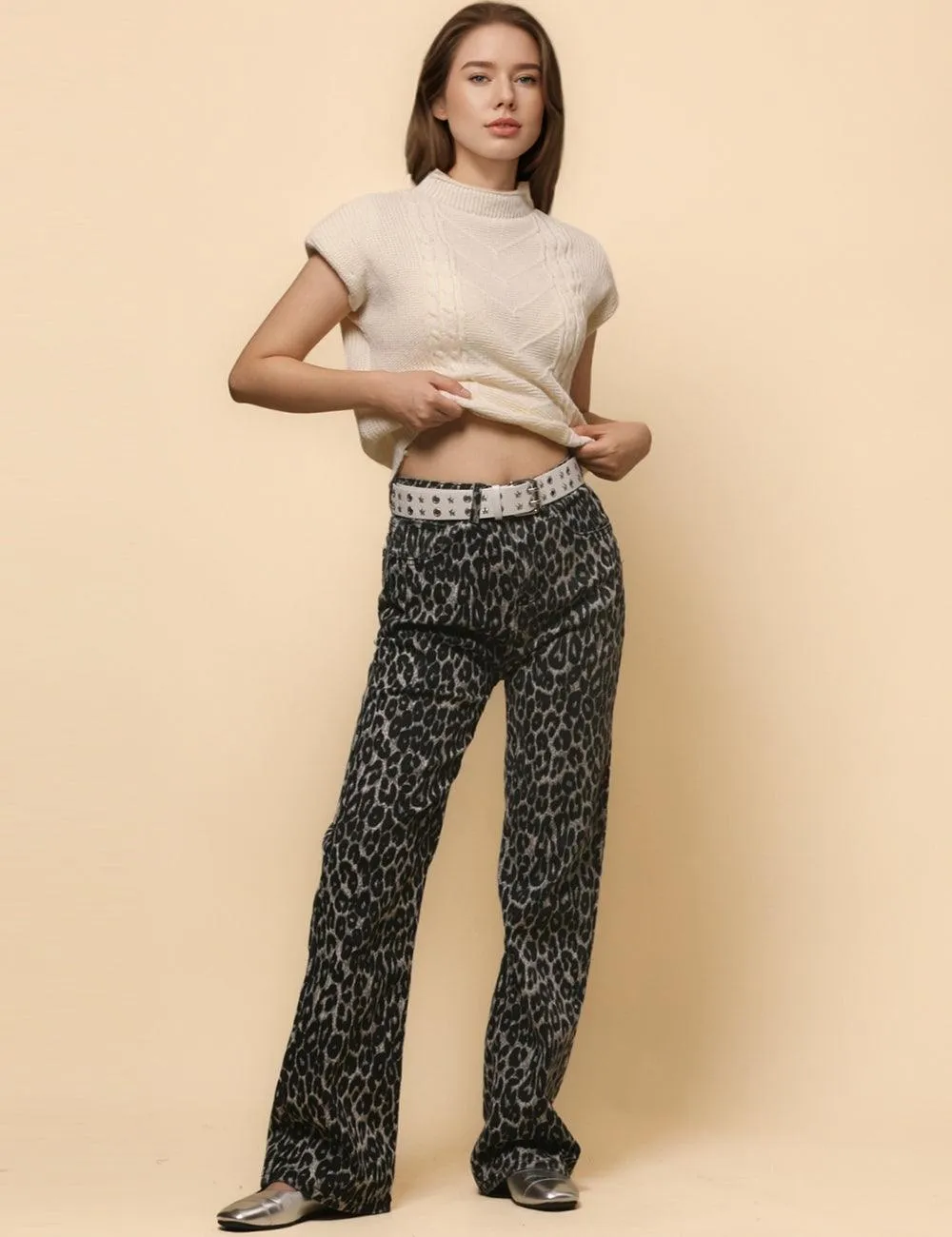 Women's High Waist Straight Narrow Denim Leopard Print Pants SKP4728