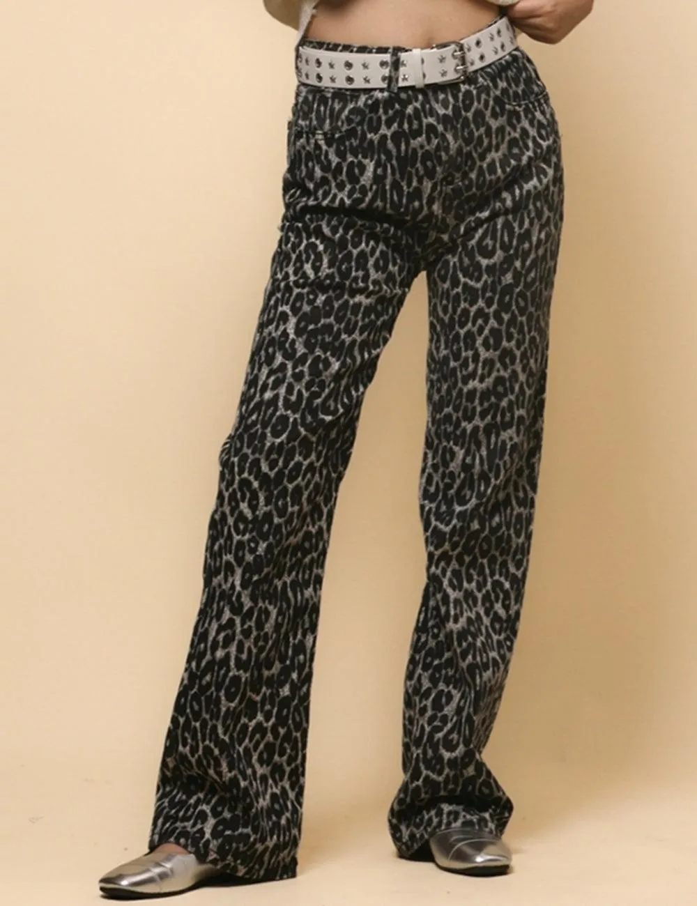 Women's High Waist Straight Narrow Denim Leopard Print Pants SKP4728