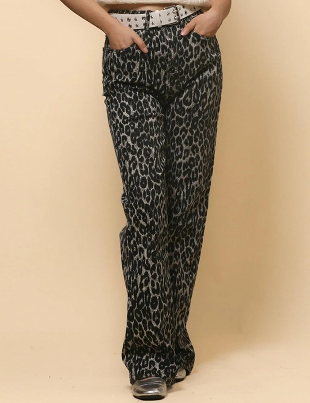 Women's High Waist Straight Narrow Denim Leopard Print Pants SKP4728