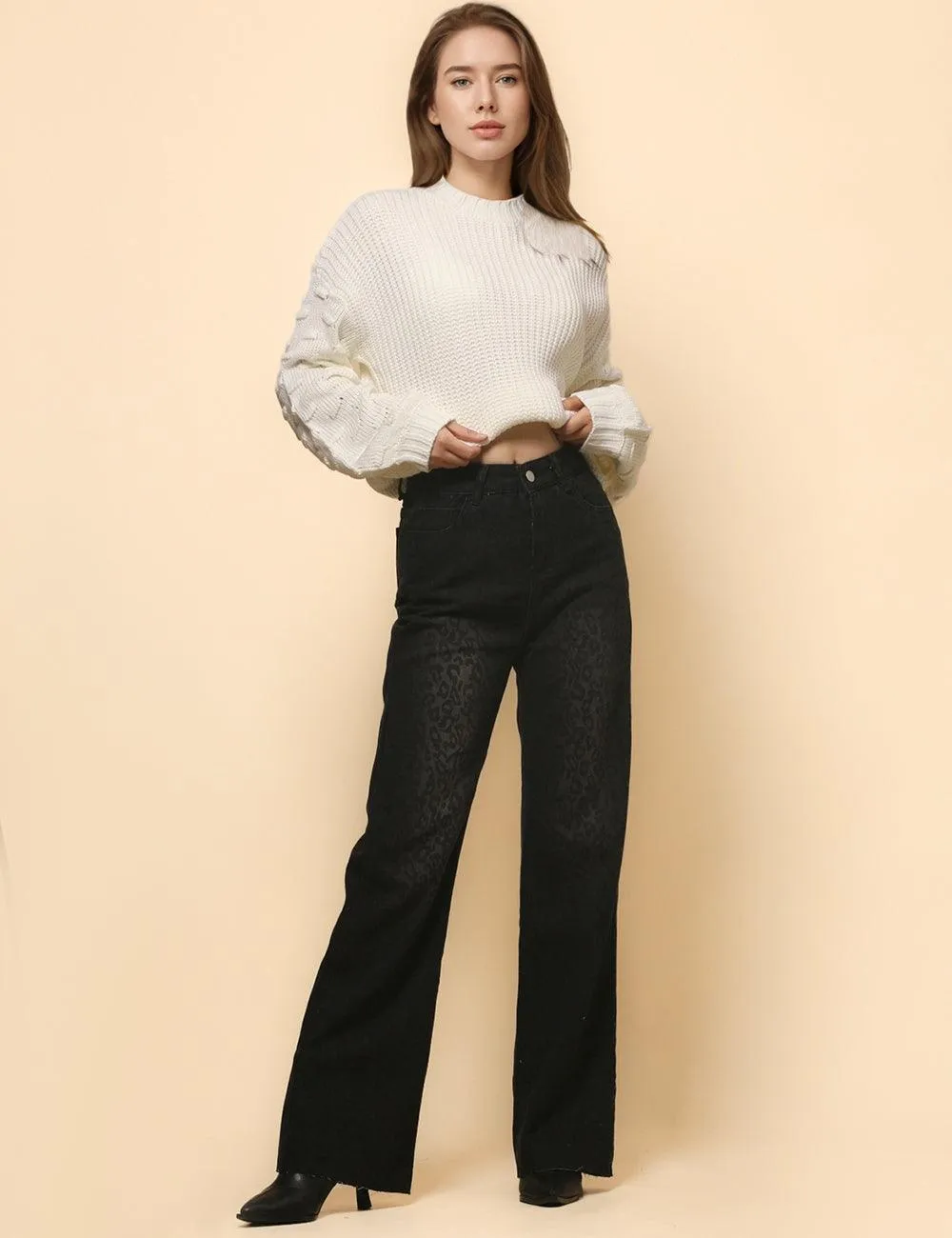 Women's High Waist Straight Narrow Denim Leopard Print Pants SKP4728