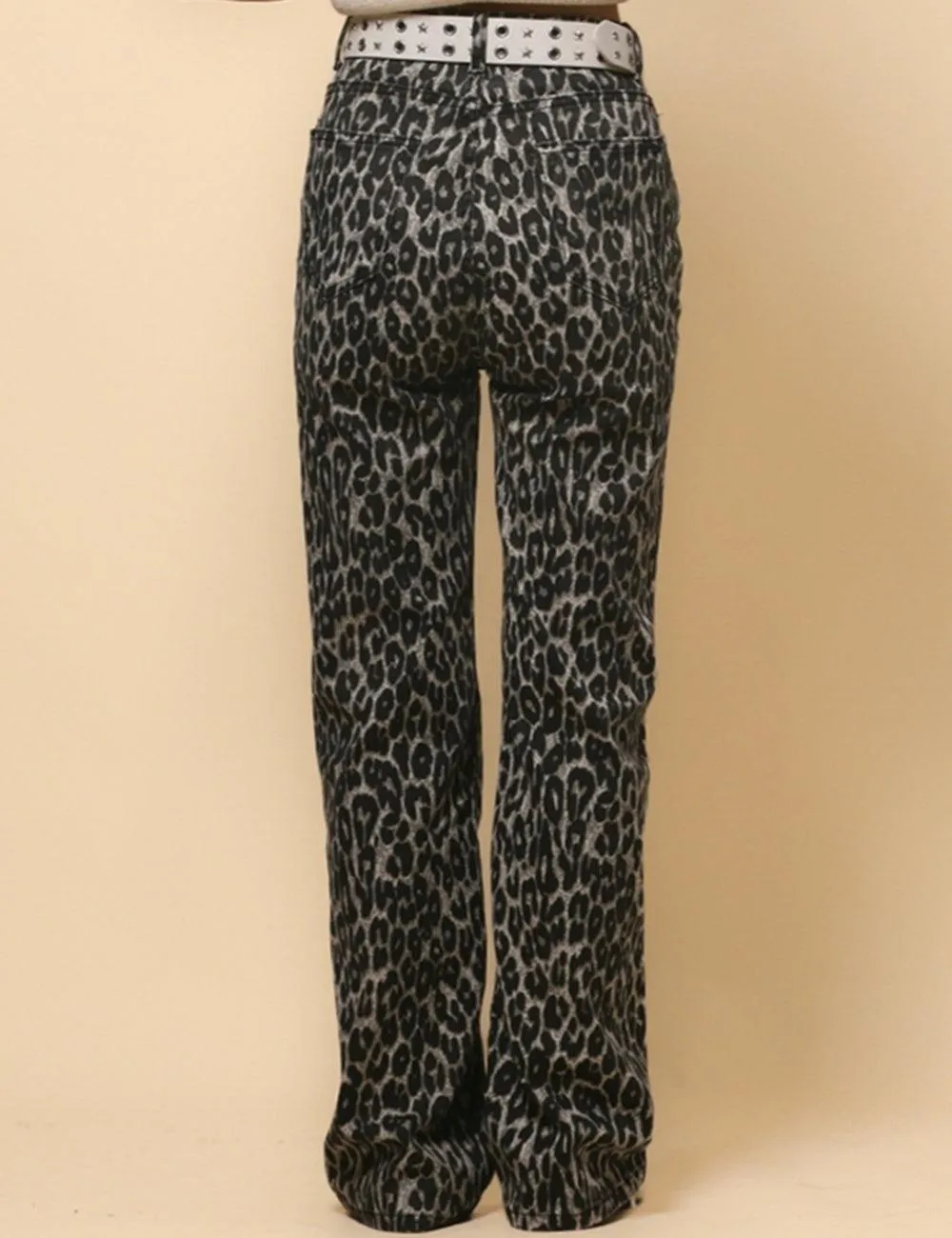 Women's High Waist Straight Narrow Denim Leopard Print Pants SKP4728