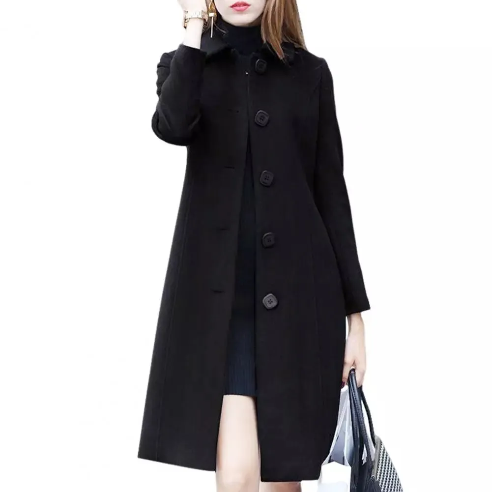 Womens Mid-Length Single-Breasted Solid Colour Turn-Down Collar Elegant Warm Winter Coat